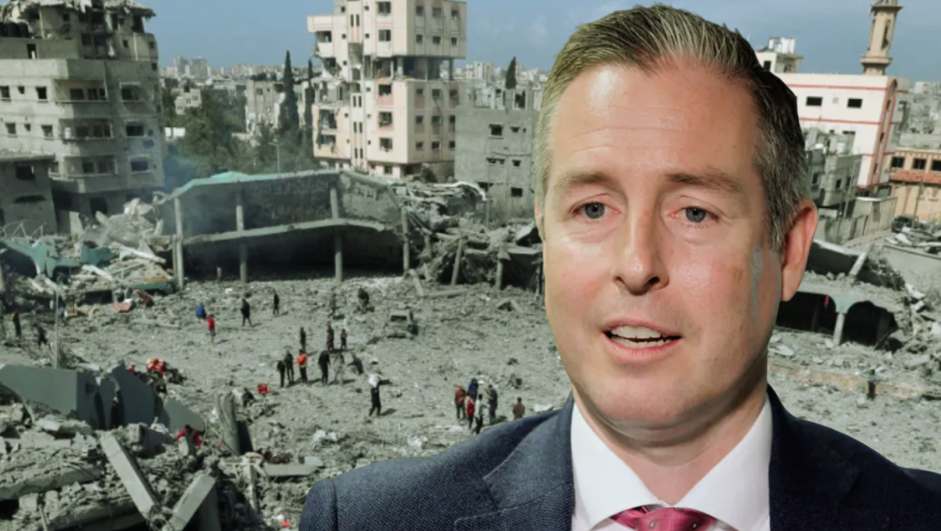 Northern Minister for Education Paul Givan in front of the bombed Dar Al-Arqam School. Destroyed 4-4-2025 by Israeli bombing.. 