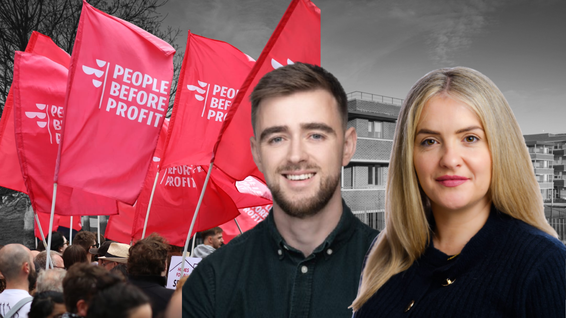 Cllrs Conor Reddy and Hazel De Nortúin in front of collage of a People Before Profit flags in colour and social housing in black and white