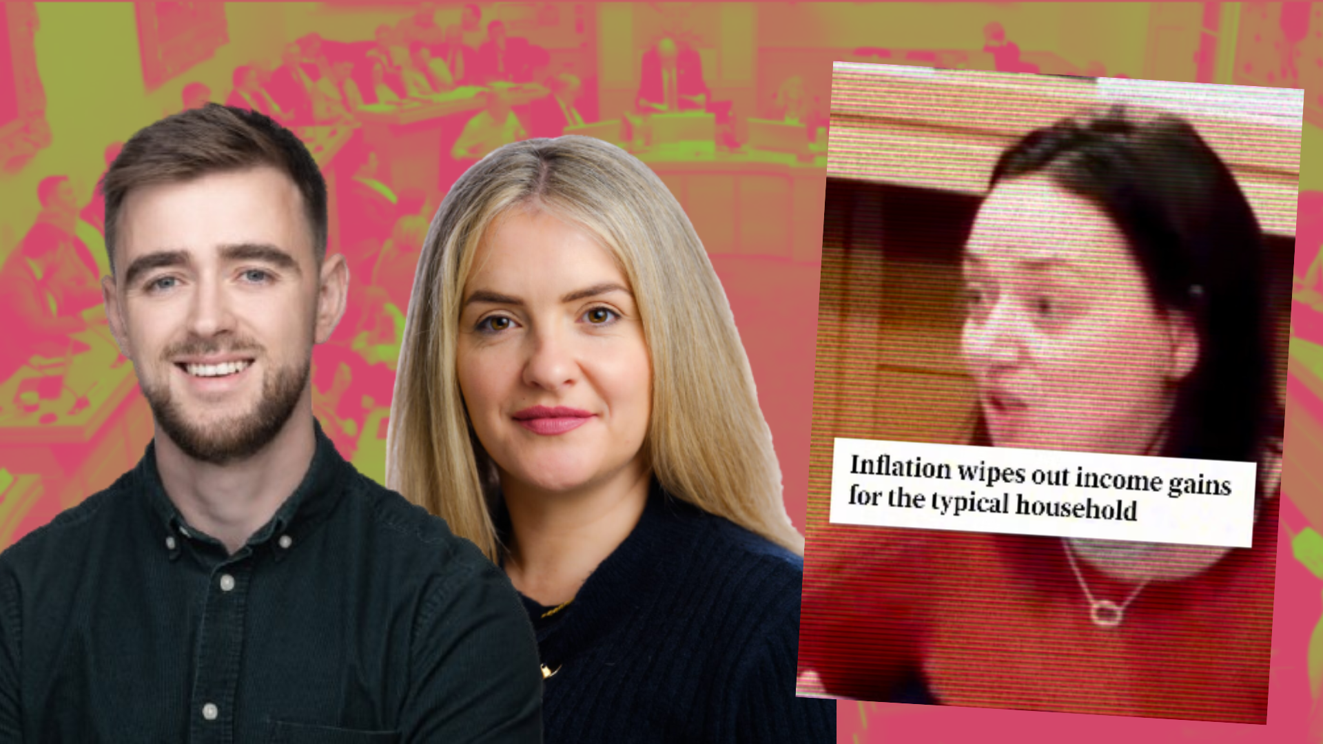 Cllrs Conor Reddy; Hazel De Nortúin; city council image; Green's Janet Horner defending the rent hikes; headline saying 'Inflation wipes out income gains for the typical household.'