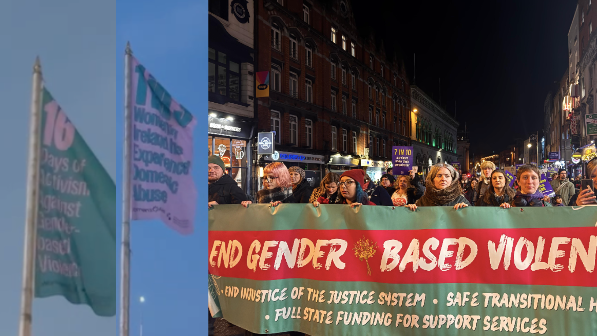 Two of the quayside flags drawing attention to days of activism against dometic violence. Cllr Hazel De Nortúin carrying PBP's End Gender Based Violence banner on the march 25 November 2025