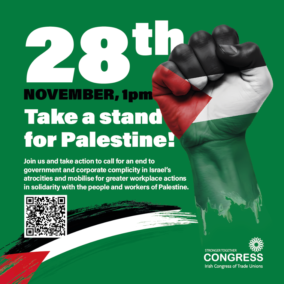 Graphic of a fist painted with the colours of the Palestinian flag raised in solidarity. Text says 28th November, 1pm