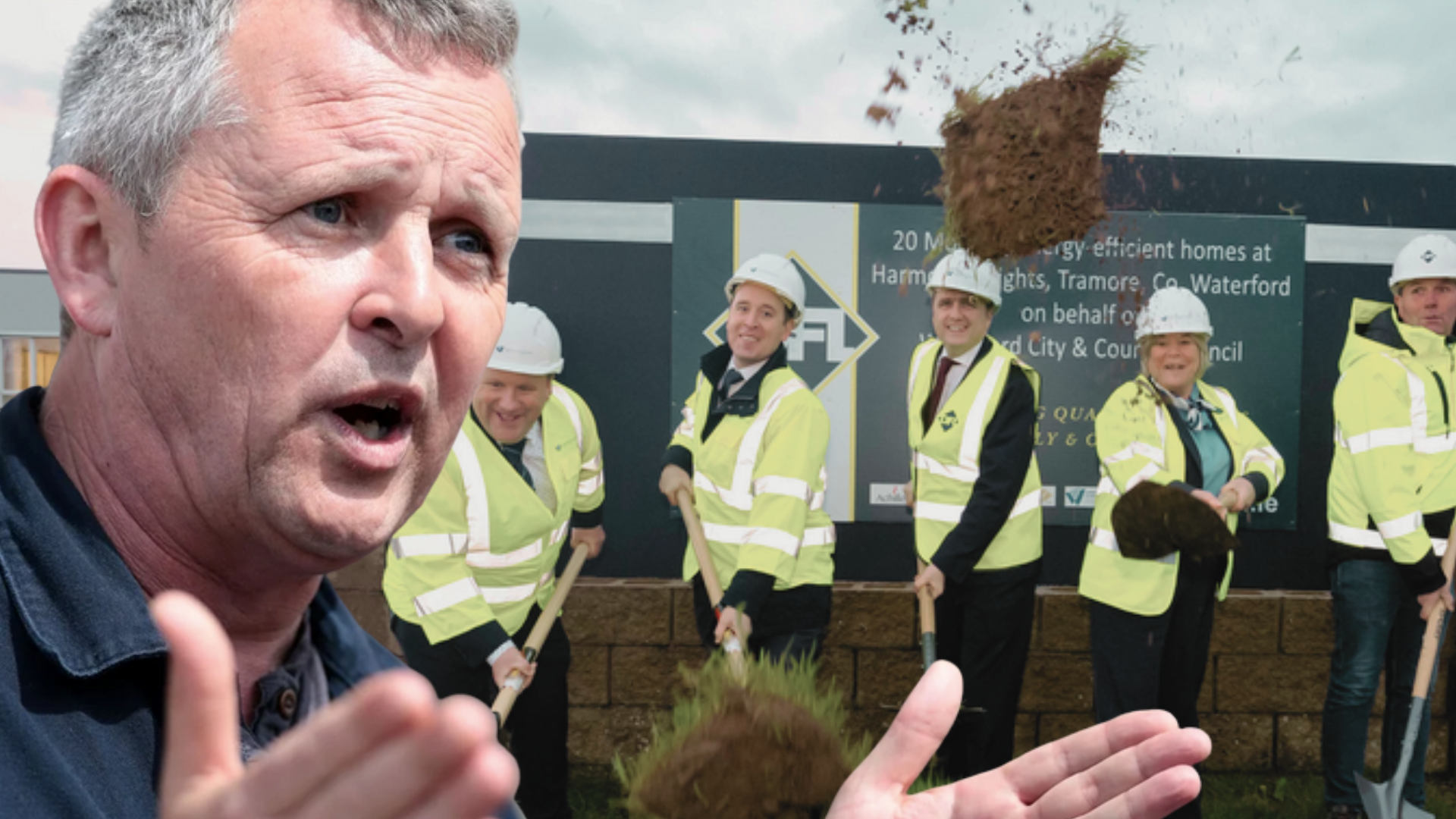 Richard Boyd Barrett superimposed over a government photo op at a new building site in Waterford.