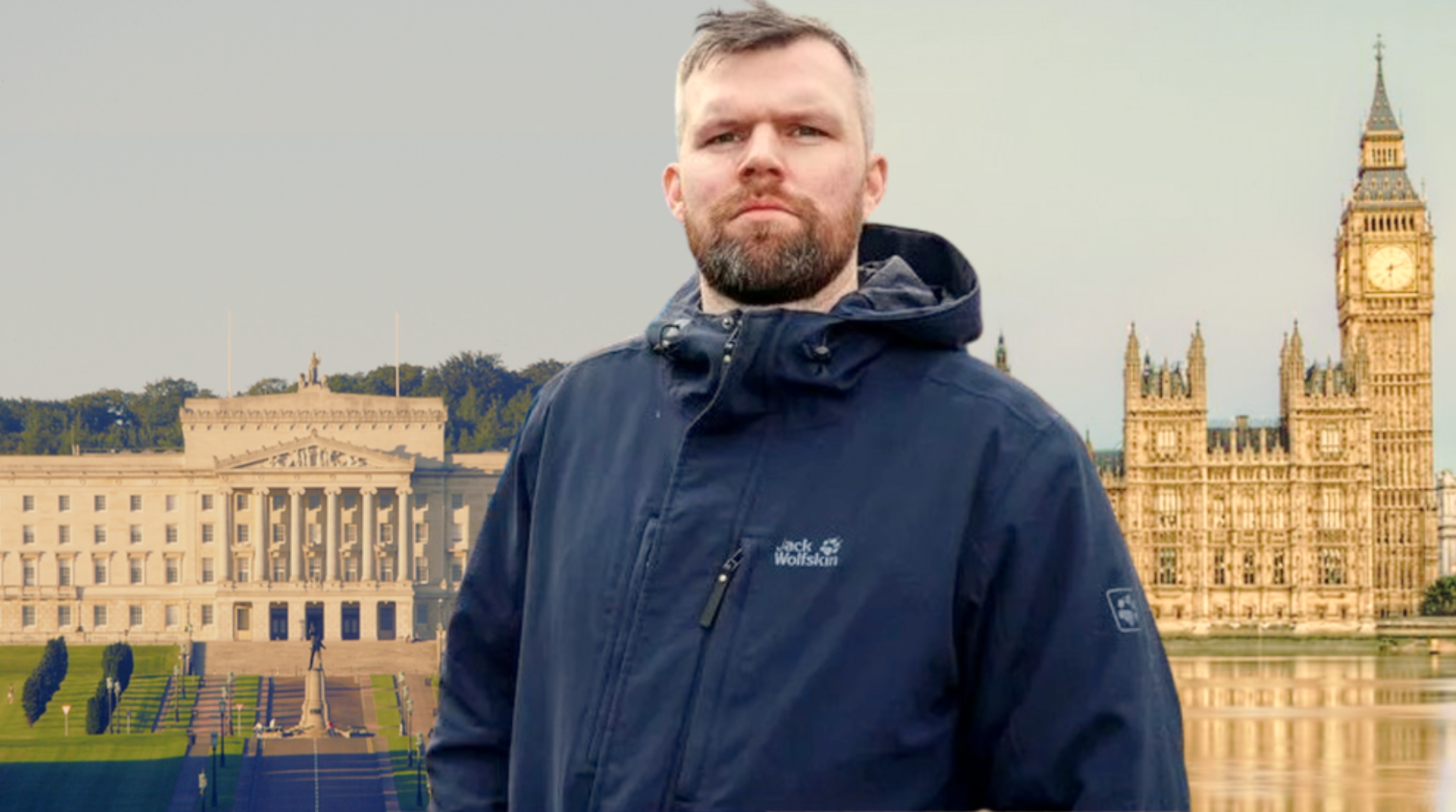 Gerry Carroll MLA in front of composite image of Stormont and Westminster