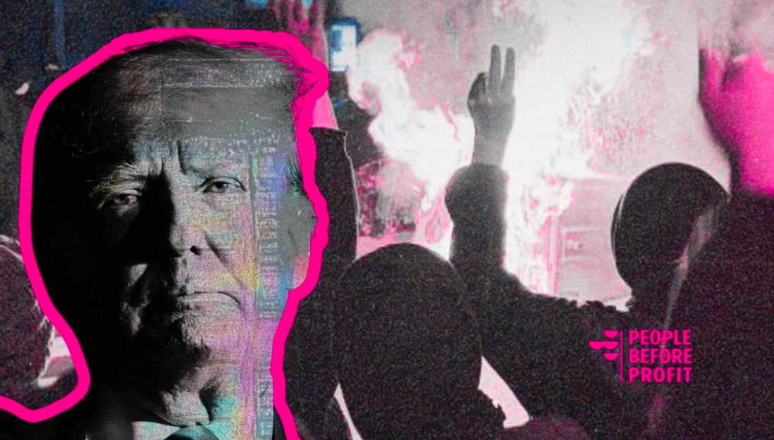 Image of Donald Trump over a scene of protestors in Iran. People Before Profit logo on the right.