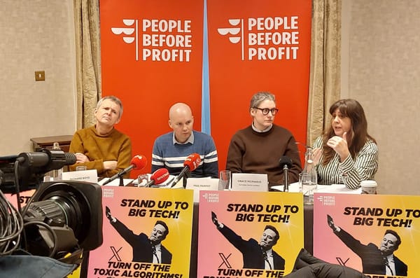 PBP TDs Richard Boyd Barrett and Paul Murphy listen to Niamh McDonald of the Hope & Courage Collective at PBP's bill launch press event.